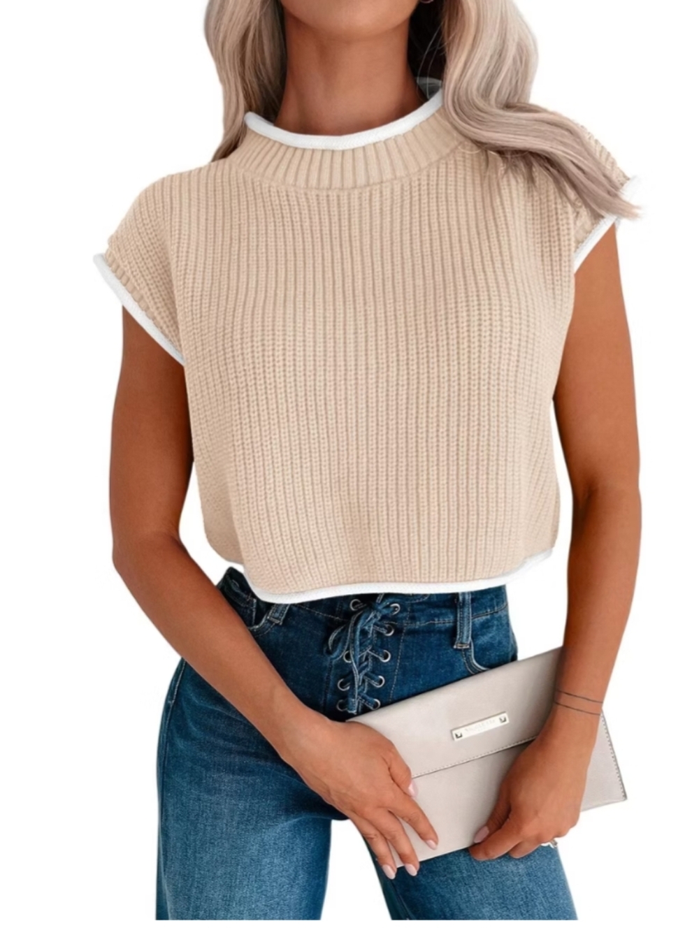Yesfashion Cream Knit Crop Top with White Trim Size Medium - Picture 1 of 6